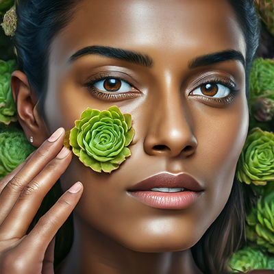 woman rubbing houseleek on her face for skin health purposes