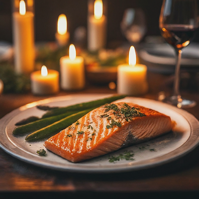 salmon on a plate with asparagus