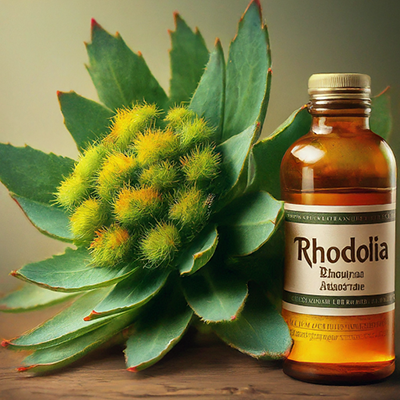 a bottle of rhodolia tincture next to the plant