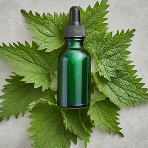 dead nettle extract bottle with the leaves in the background