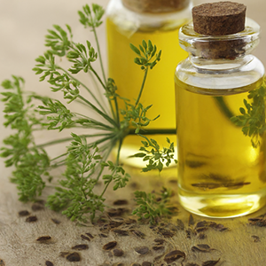 a bottle filled with dill seed oil