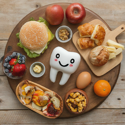 Extracted tooth on a platter surrounded by a variety of foods