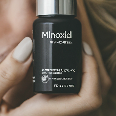 female hands holding a bottle of minoxidil