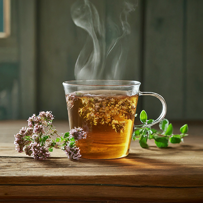 cup of tea made using marjoram flower clusters