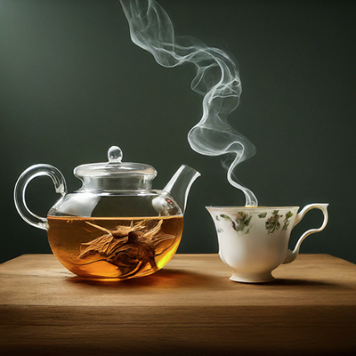 a glass kettle and cup of rhatany root tea