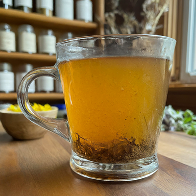 glass tea cup of tormentil rhizome tea