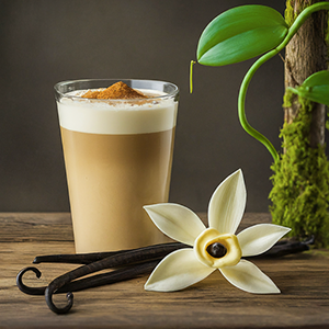 vanilla bean plant alongside beverage in a glass