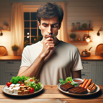 man trying to decide whether to eat a vegetarian or meat diet