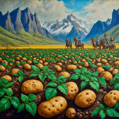 Spanish conquistadors discovering potatoes
