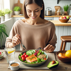 woman sitting at her table about to eat healthy foods