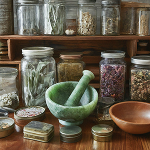 jars of herbal remedies in a herbalists office