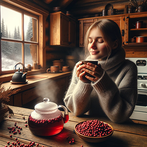 woman enjoying a cup of partridge berry tea