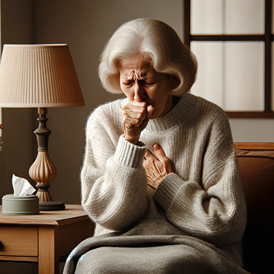 older woman coughing because of respiratory diseases