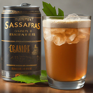 sassafras beverage in a glass and canned product