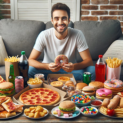 man eating a ton of junk foods