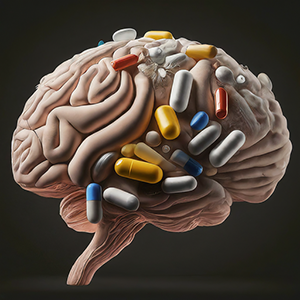illustration of the human brain with supplements stuck to it