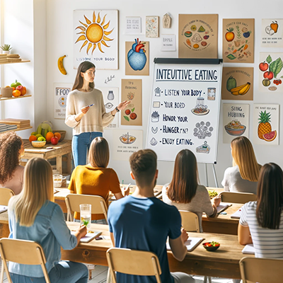 Woman teaching students about intuitive eating