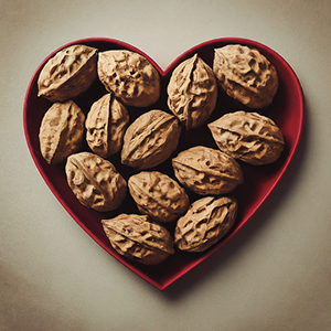 walnuts inside of a container shaped like a heart.