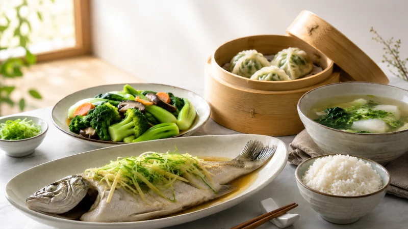 Gallbladder-friendly Chinese meal with steamed fish, vegetables, dumplings, and steamed rice