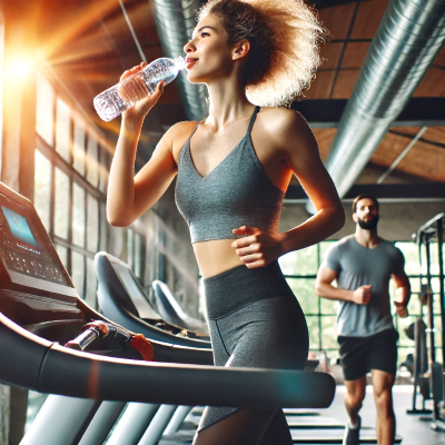 woman running on treadmill and drinking bottled water