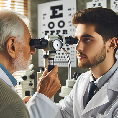 eye doctor checking older gentleman's eyes