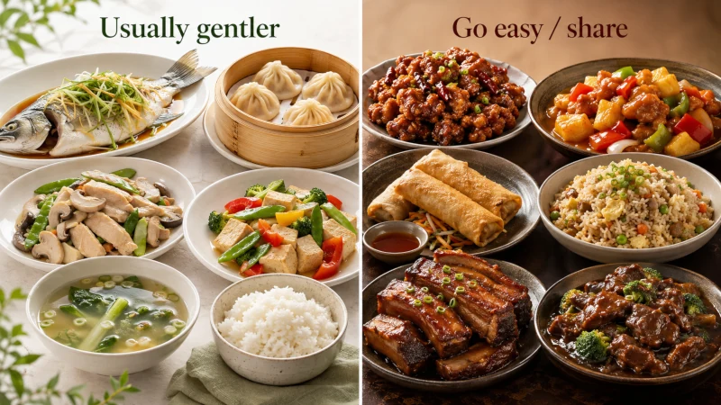 Chinese food comparison showing steamed and lightly cooked dishes beside fried and higher-fat dishes