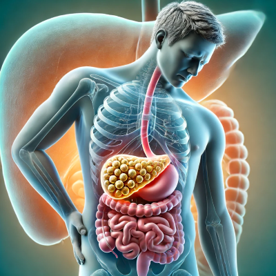 illustration of a man with gallstones in his gallbladder