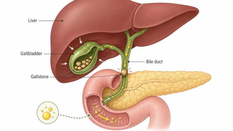 Medical illustration showing the gallbladder contracting while a gallstone blocks a bile duct