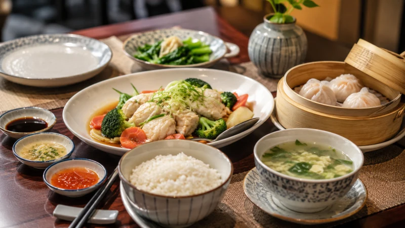 Lighter Chinese restaurant meal with steamed vegetables, rice, soup, and sauce served on the side