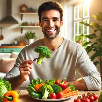 Man eating a variety of vegetable with a smile on his face.