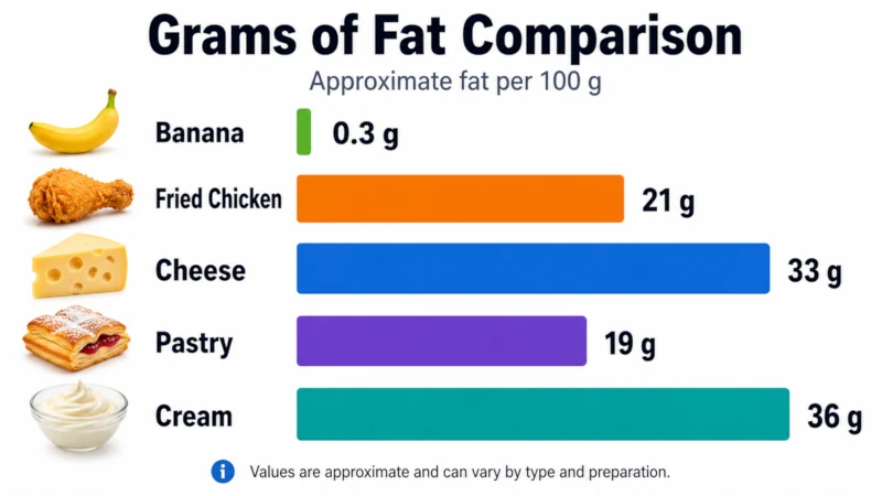 Chart comparing grams of fat in a banana with fried chicken, cheese, pastry and cream