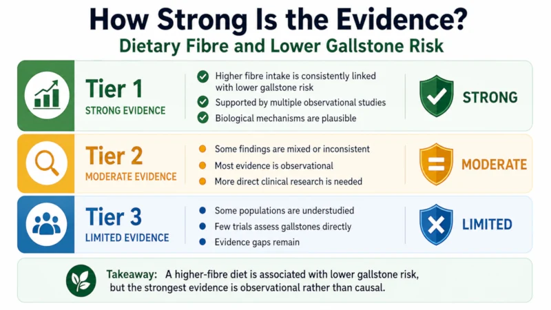 Three-tier graphic grading the evidence for people asking the question "can I eat bananas with gallstones?" linking dietary fibre to lower gallstone risk
