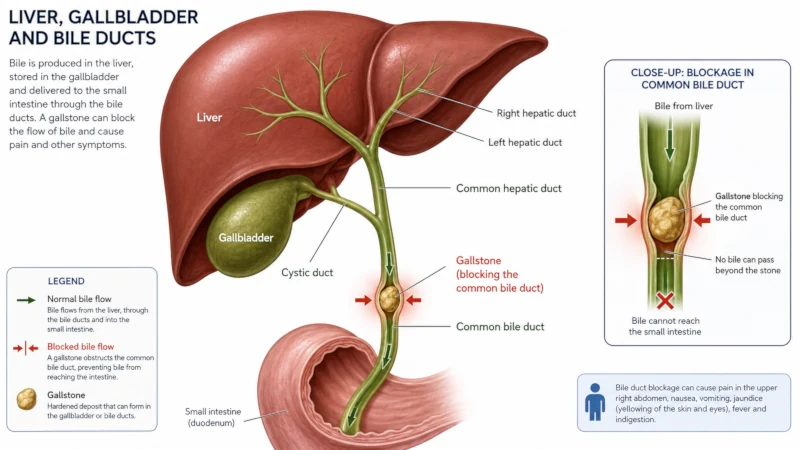 Diagram of the gallbladder, liver and bile ducts with a gallstone blocking a duct