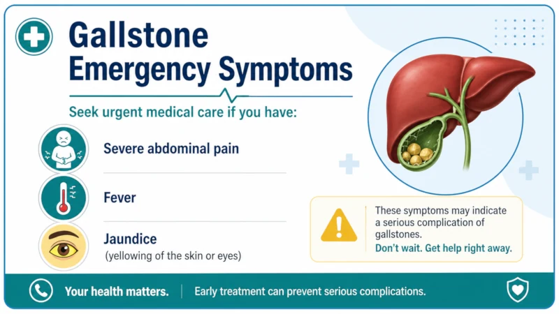 Card listing gallstone emergency symptoms including severe pain, fever and jaundice