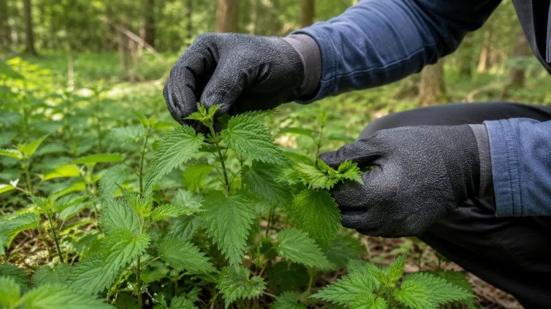 Gloved hands harvesting stinging nettle leaves in a clean woodland area