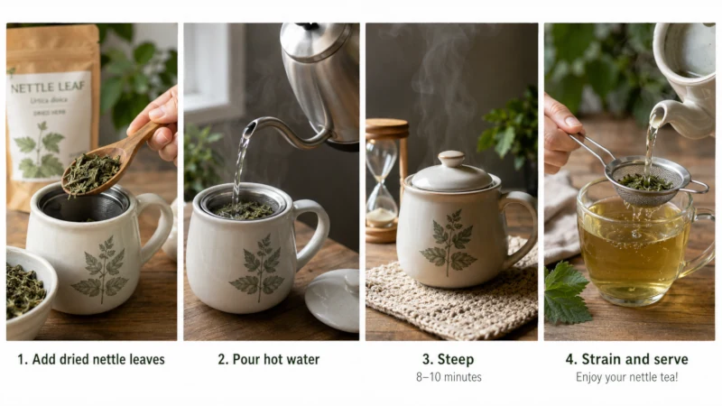 Steps for brewing nettle tea with dried leaves, hot water, steeping, and straining