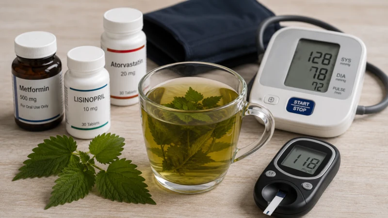 Nettle tea beside medication bottles, a blood pressure cuff, and a glucose meter