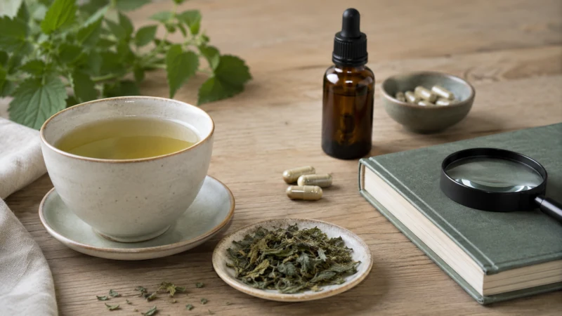 Brewed nettle tea shown beside concentrated nettle extract capsules and a dropper bottle