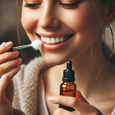 woman applying essential oils to her teethe