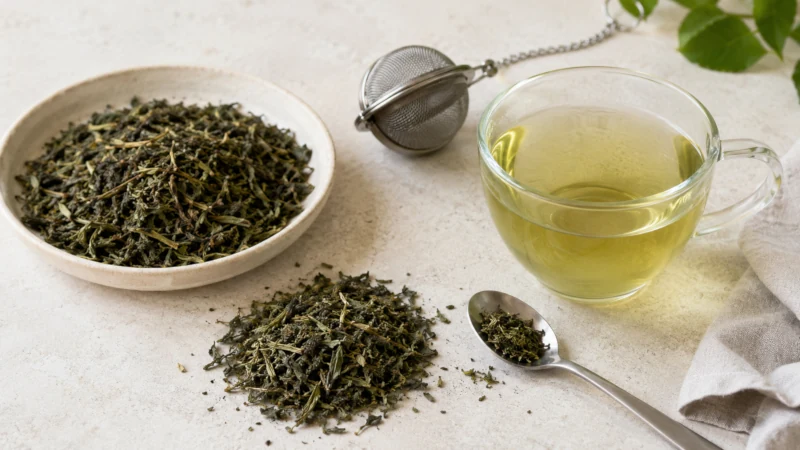 Dried nettle leaves, a tea infuser, and a freshly brewed cup of nettle tea