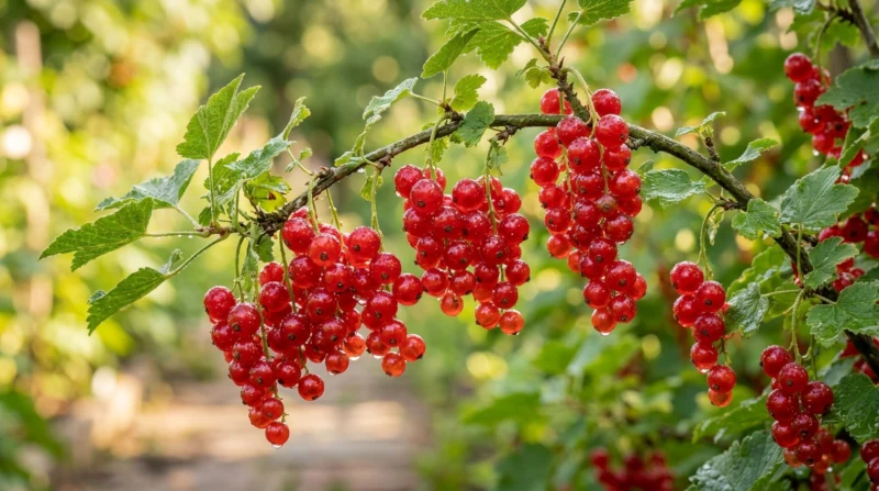 Clusters of bright red currants on the branch with water droplets, close up.