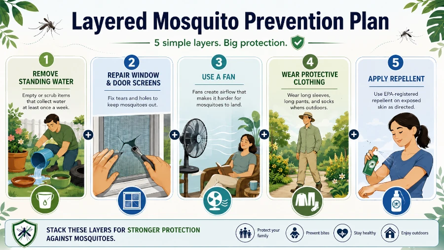 Layered mosquito prevention plan with water removal, screen repair, fan, clothing, and repellent