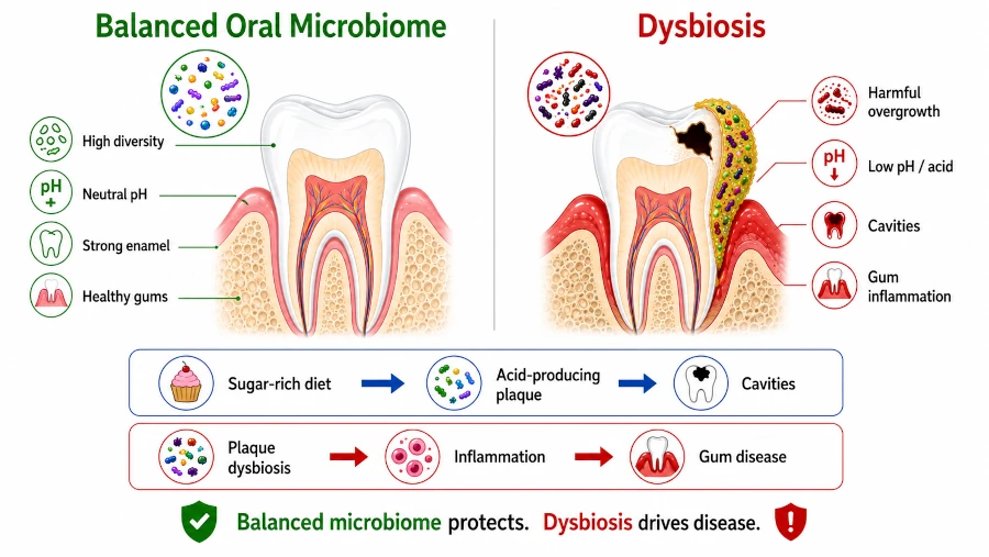 Diagram showing a balanced oral microbiome versus dysbiosis that drives cavities and gum disease.