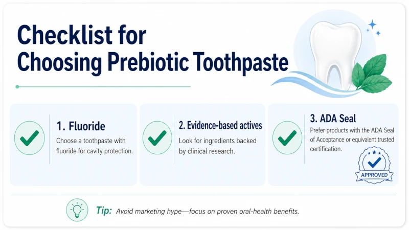 Checklist for choosing prebiotic toothpaste: fluoride, evidence-based actives, ADA Seal.