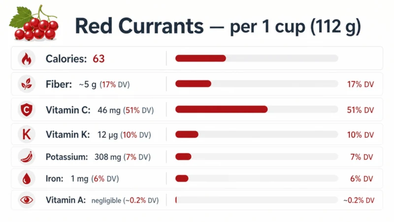 Infographic of red currant nutrition per 1-cup serving: 63 calories, 46 mg vitamin C, about 5 grams fiber, 308 mg potassium.