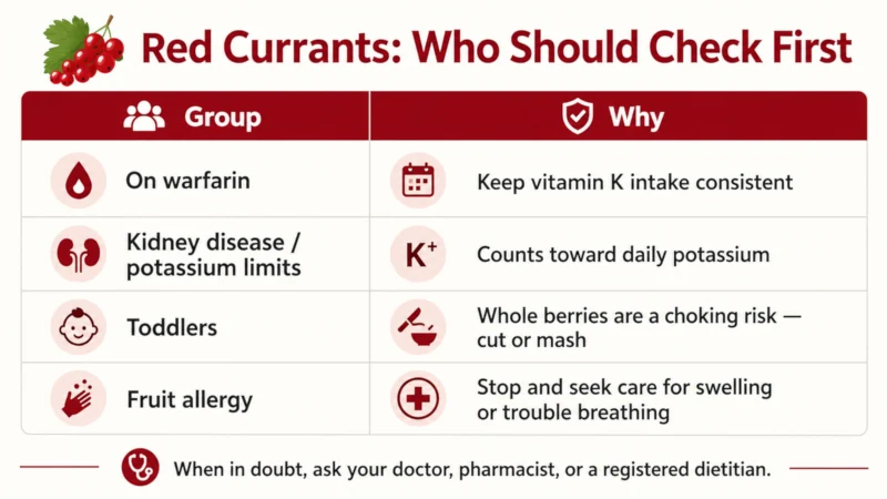 Table listing groups who should check with a doctor before eating a lot of red currants, with the reason for each.