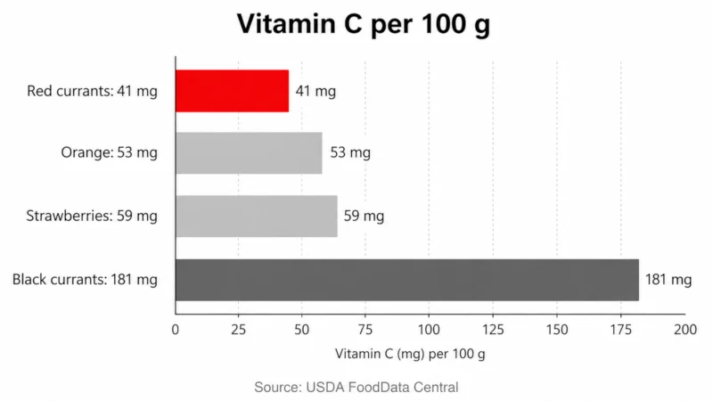 Bar chart comparing benefits of red currants in terms of vitamin C per 100 grams in orange, strawberries, and black currants.