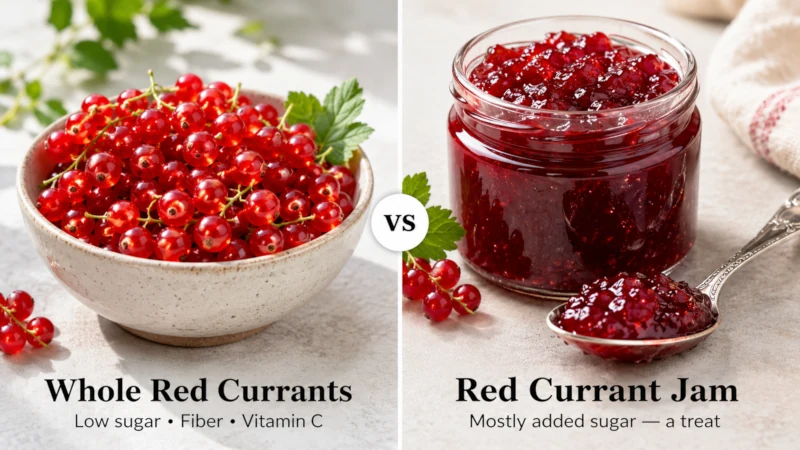 Side-by-side comparison of a bowl of fresh red currants and a jar of red currant jam.