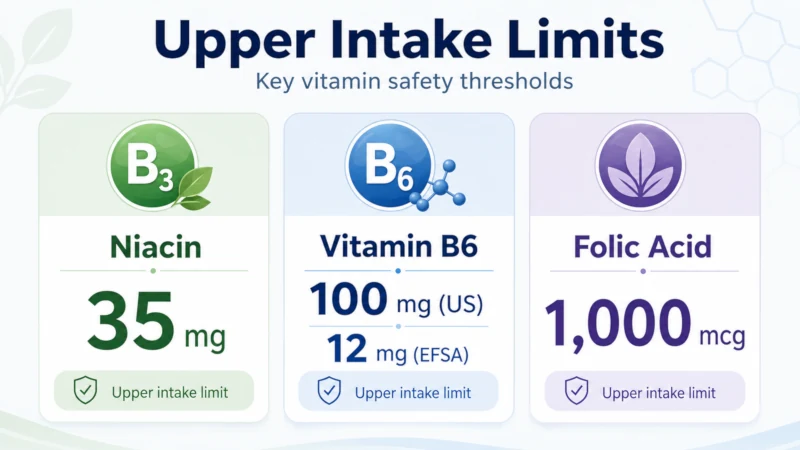 Upper intake limits for niacin at 35 mg, vitamin B6 at 100 mg US or 12 mg EFSA, and folic acid at 1,000 mcg.