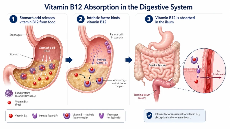 Diagram showing stomach acid releasing vitamin B12 from food, intrinsic factor binding it, and absorption in the ileum